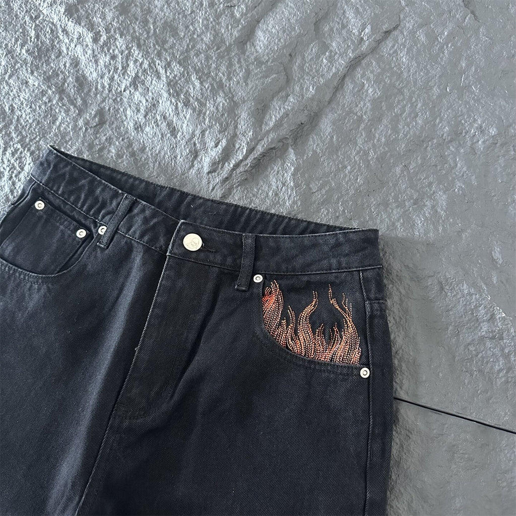 derschutze high-street style embroidered jeans for women, black straight-leg wide-leg pants, trendy and versatile fashion brand trousers.