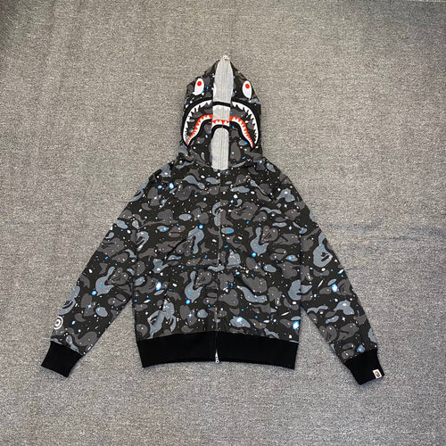 BAPE 21SS Space Camo Shark Full-Zip Double Hood Hoodie — Glow-in-the-Dark