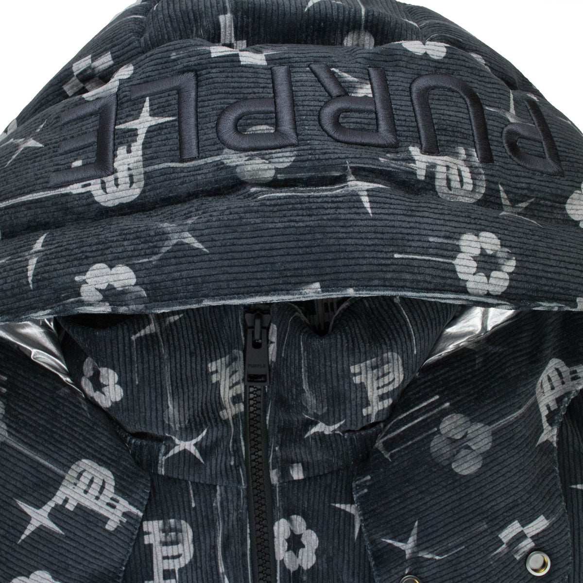 Black Printed Corduroy AOP Puffer Vest